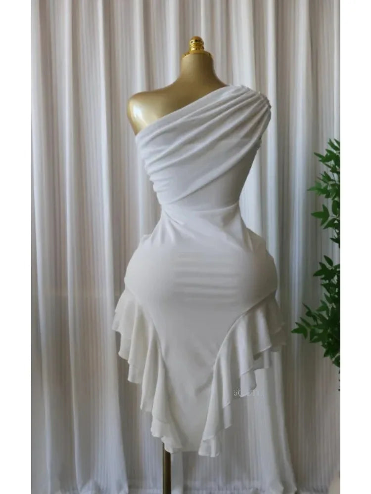Elegant Women One Shoulder Stacked Ruched  Ruffles Asymmetrical Bodycon Midi Dress