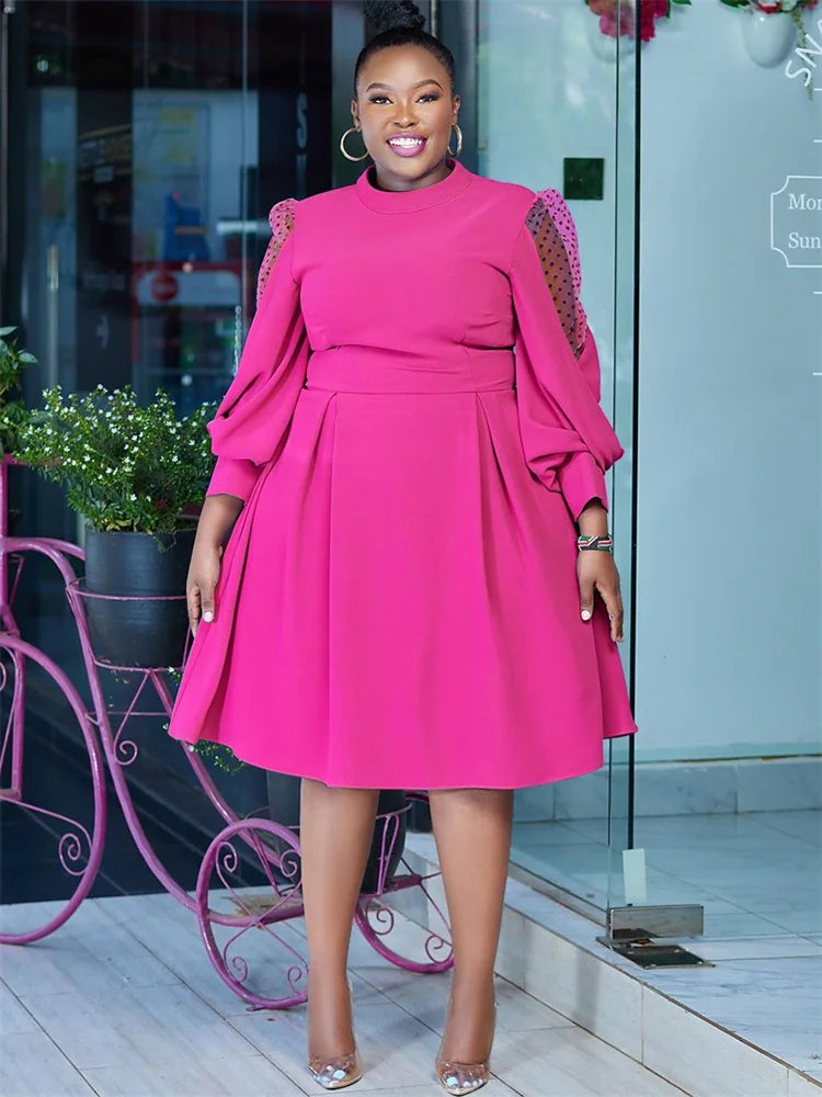 Plus Size Solid Casual Mesh Long Sleeve Midi Dress