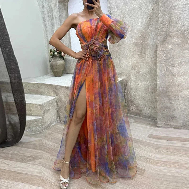 High Split Loose Hem One Shoulder Print Beach Party Dress
