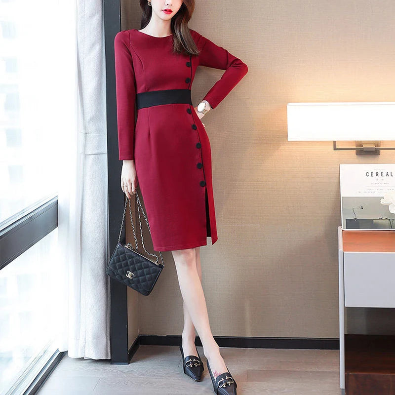 Autumn Winter High Waist Buttons Bodycon Dress