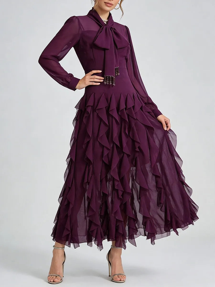 Solid Sheer Spliced Stand Neck Long Sleeves Tunic Patchwork Bow Dress