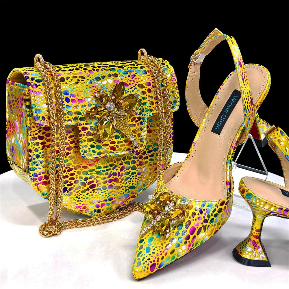 Champagne Color Thin Heels Pointed Toe Crystal Design Ladies Shoes Matching Bag Set