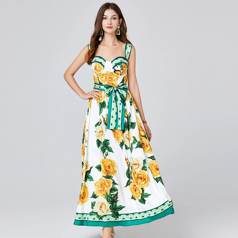 Summer Holiday Midi Floral Sexy Backless A Line Big Hem Yellow Rose Print Dress