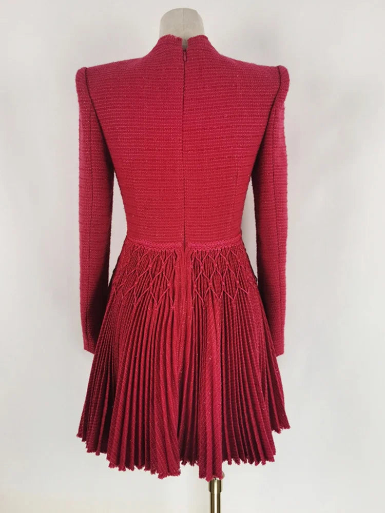 Deep V-neck Long Sleeve High Waist Pleated Braid Broad Shoulder Dresses