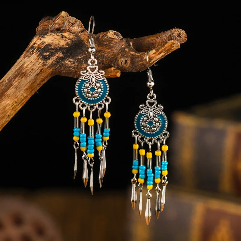 Bohemian Cute Drop Geometric Enamel Handmade Beads Tassel Vintage Boho Earrings