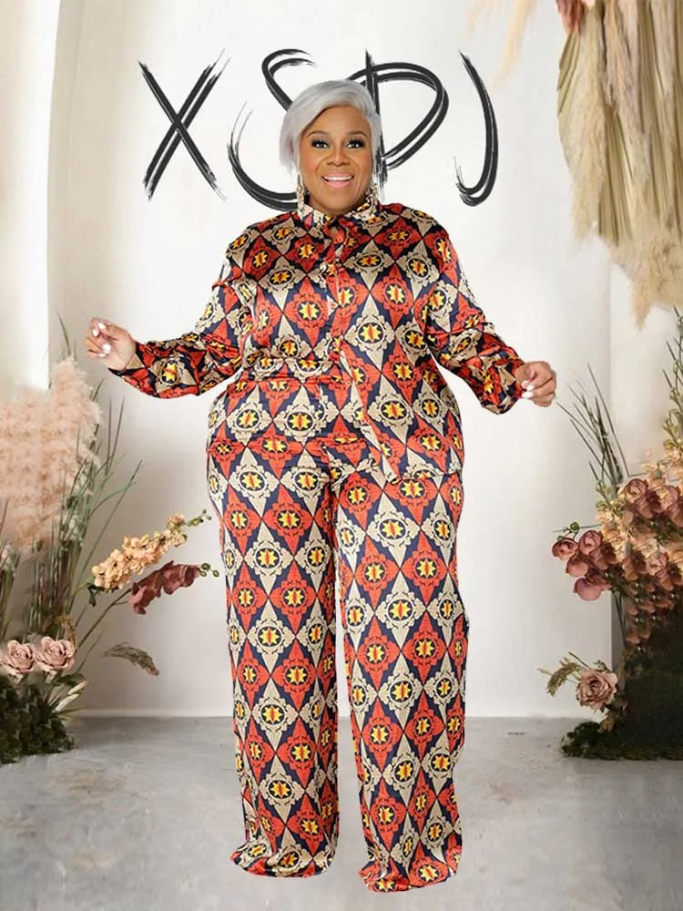 Plus Size Autumn Shirt Blouse and Straight Trouser Print