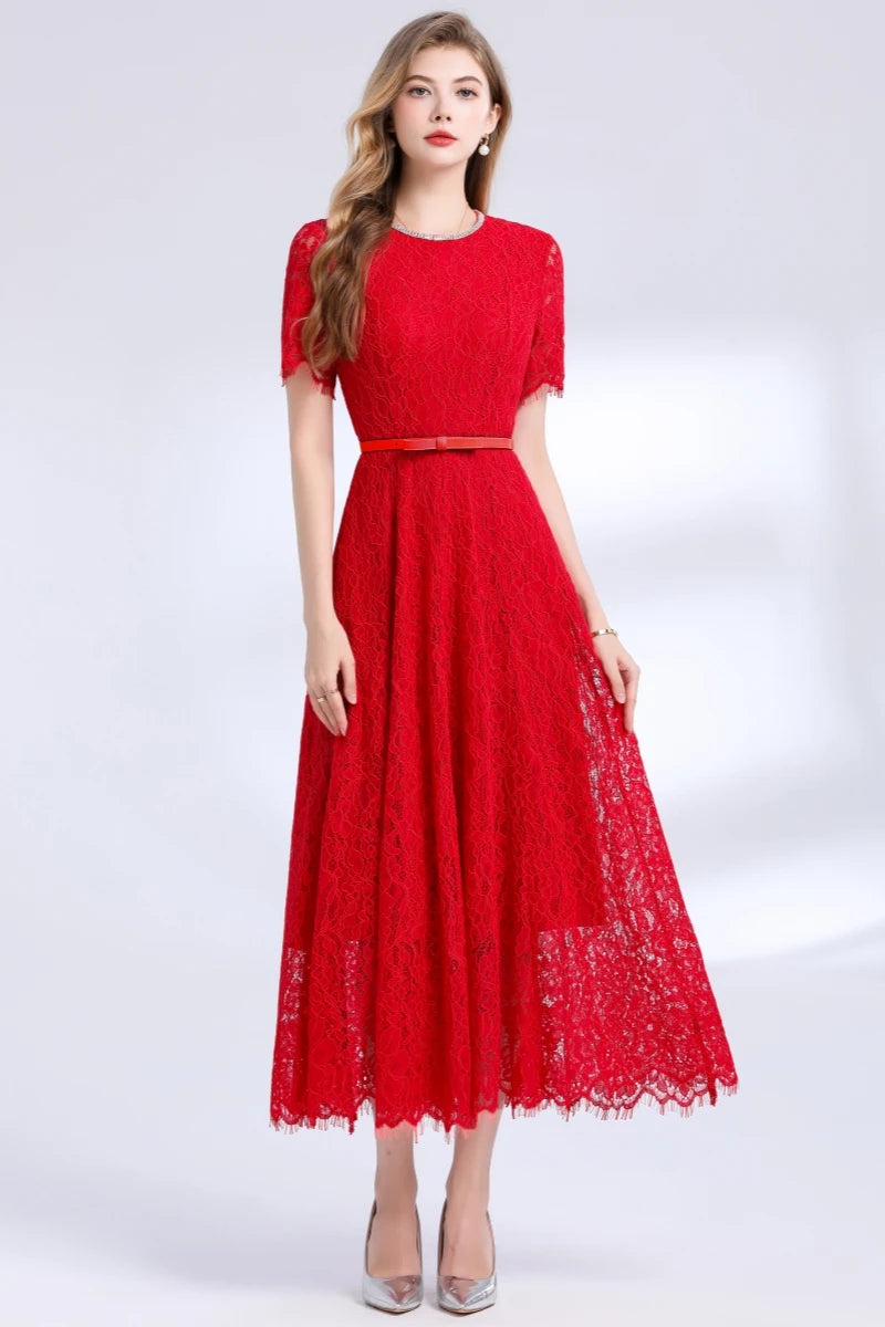 Lace Midi Dress with Belt – Luxury Office & Cocktail Essential