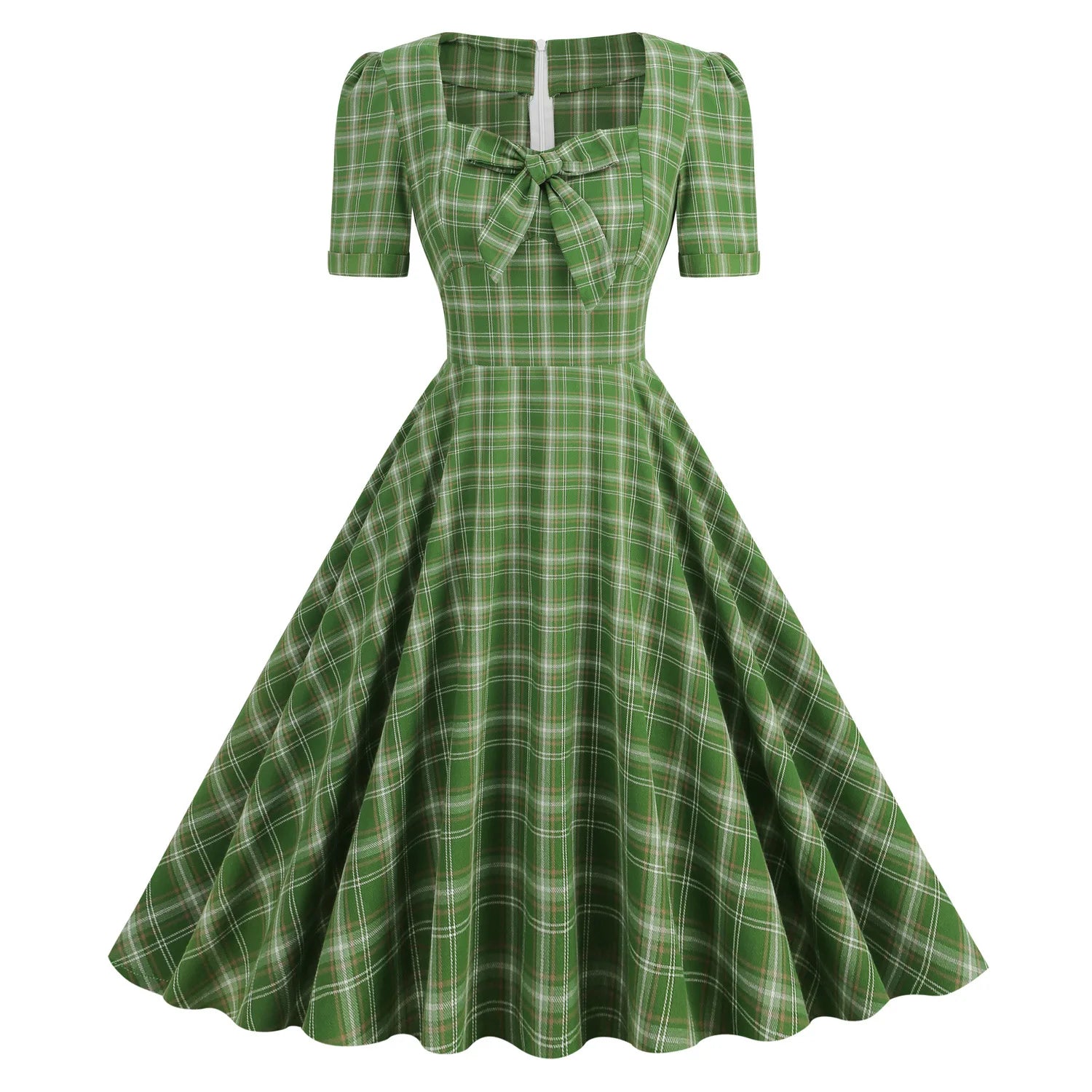 England Style Casual Vintage Short Sleeve Square Neck Bow 50s Pinup Swing Dress