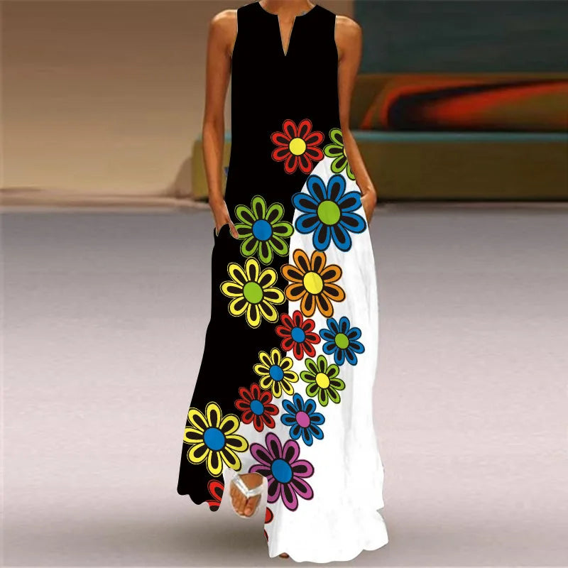 Summer Dress Sleeveless V Neck Floral Letter Print Maxi Long Dresses