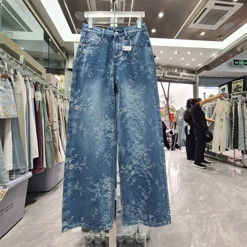 Korean Jacquard Wide-Leg Jeans