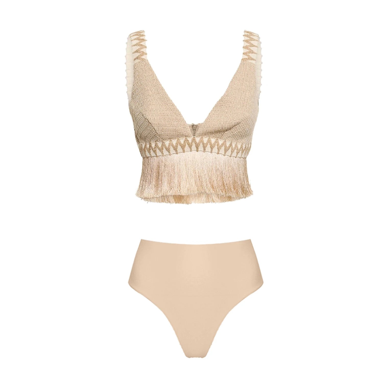2025 V Neck Fringe Trim Bikini Swimsuit High Waist Swimwear with Skirt