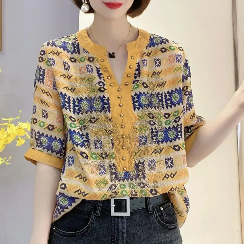 Elegant Fashion Rivet Casual Printing Summer Short Sleeve Loose Temperament Shirt