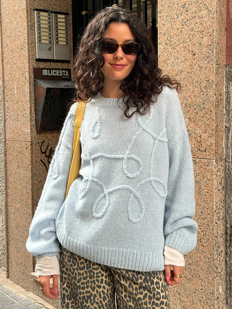 Solid Color Round Neck Long Sleeve Knitted Sweater