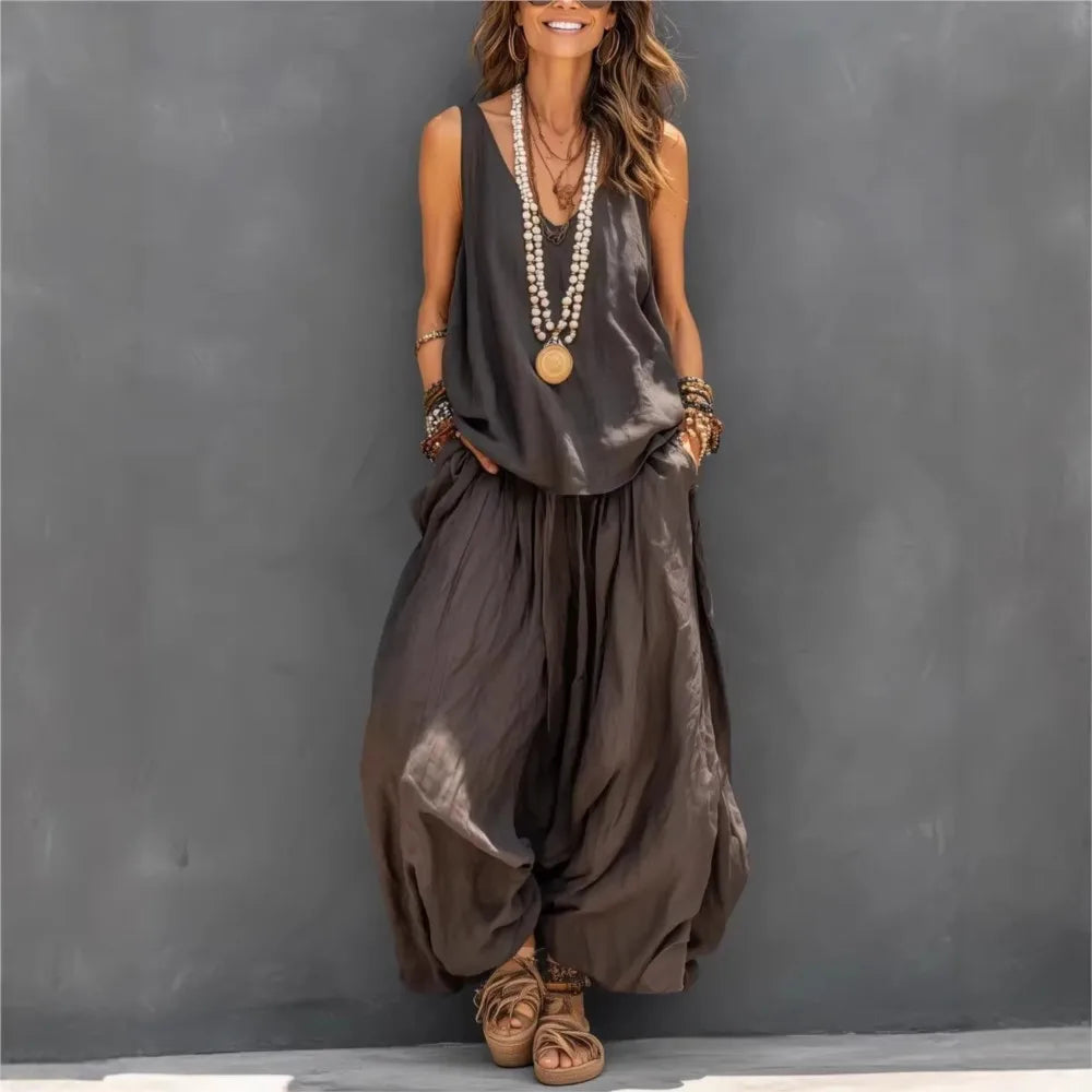 Casual Cotton Linen Vest Trousers 2-piece Summer New Fashion Loose Retro Simple Women's Vacation Wide-leg Trousers Set 2026