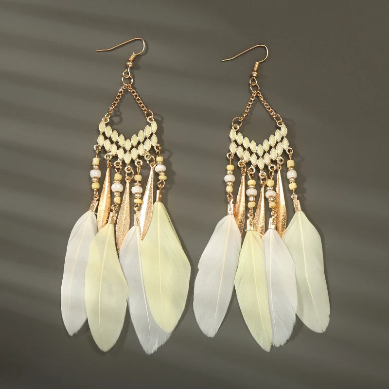 Boho Long Feather Dangle Earrings – Handmade Tassel & Enamel Flower Statement Jewelry for Women