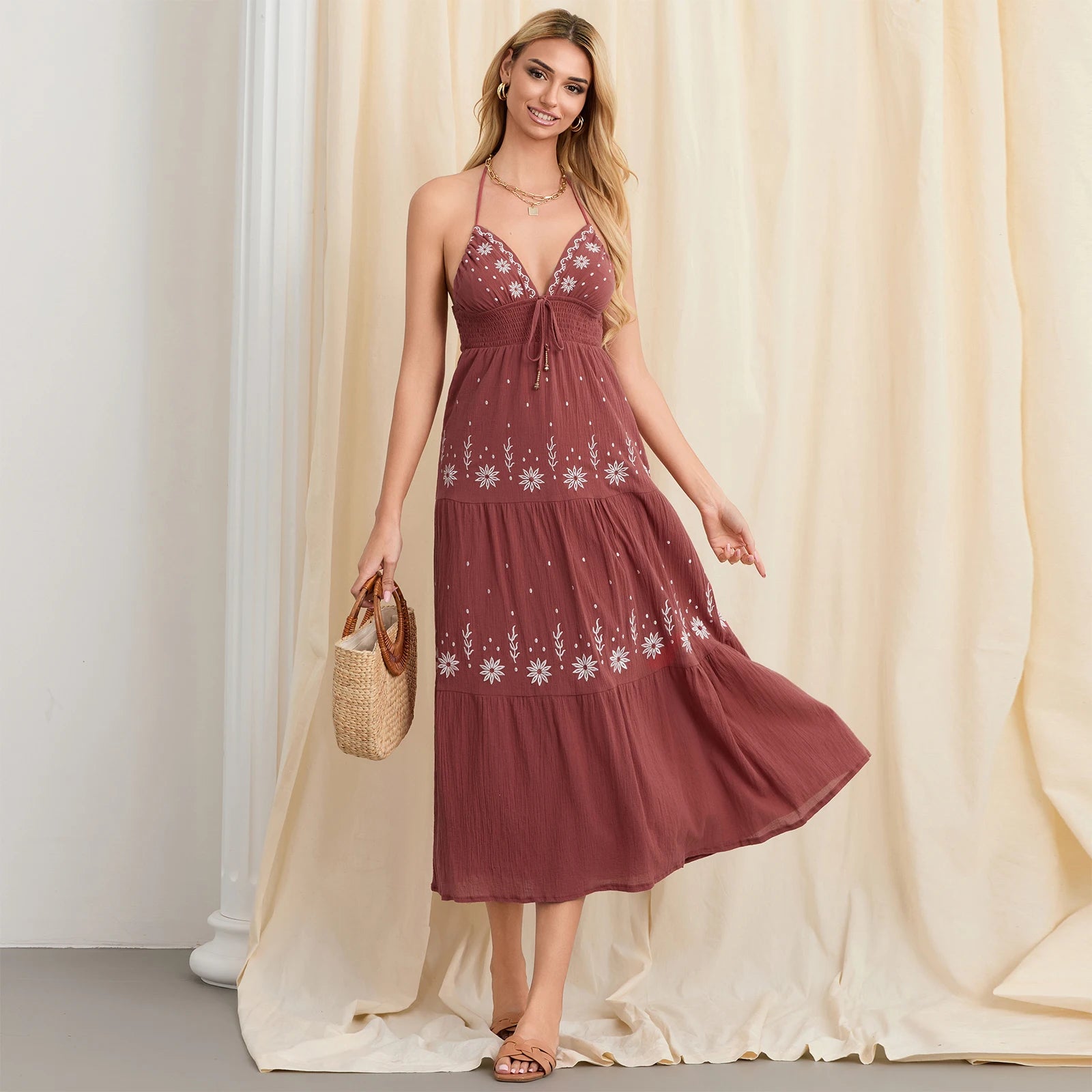 Summer Casual Flower Embroidery Tie-Up Halter Neck Sleeveless Dress