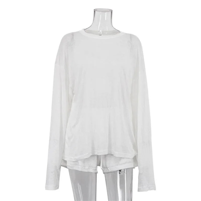 Casual White 2 Piece Summer Lounge Set – Oversized Long Sleeve Top &amp; High Waist Shorts