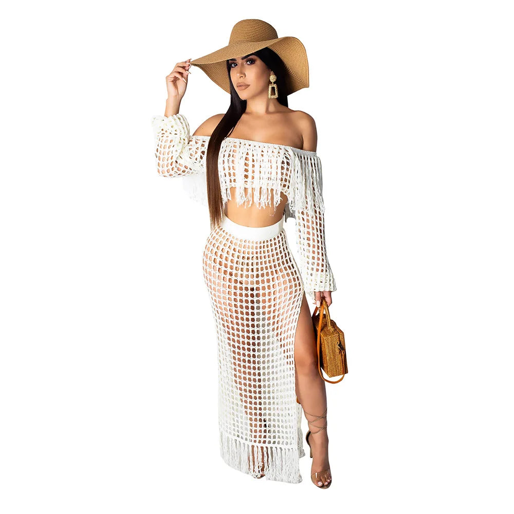 Beach Long Skirts Suit Off Shoulder Tassels Sexy Hollow Out Ensemble 2 Piece Set