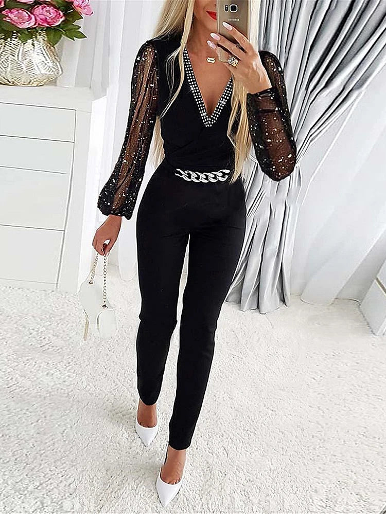 V Neck Full Sleeve Tight High Waist Overalls Casual Sheath Long Pencil Jumper