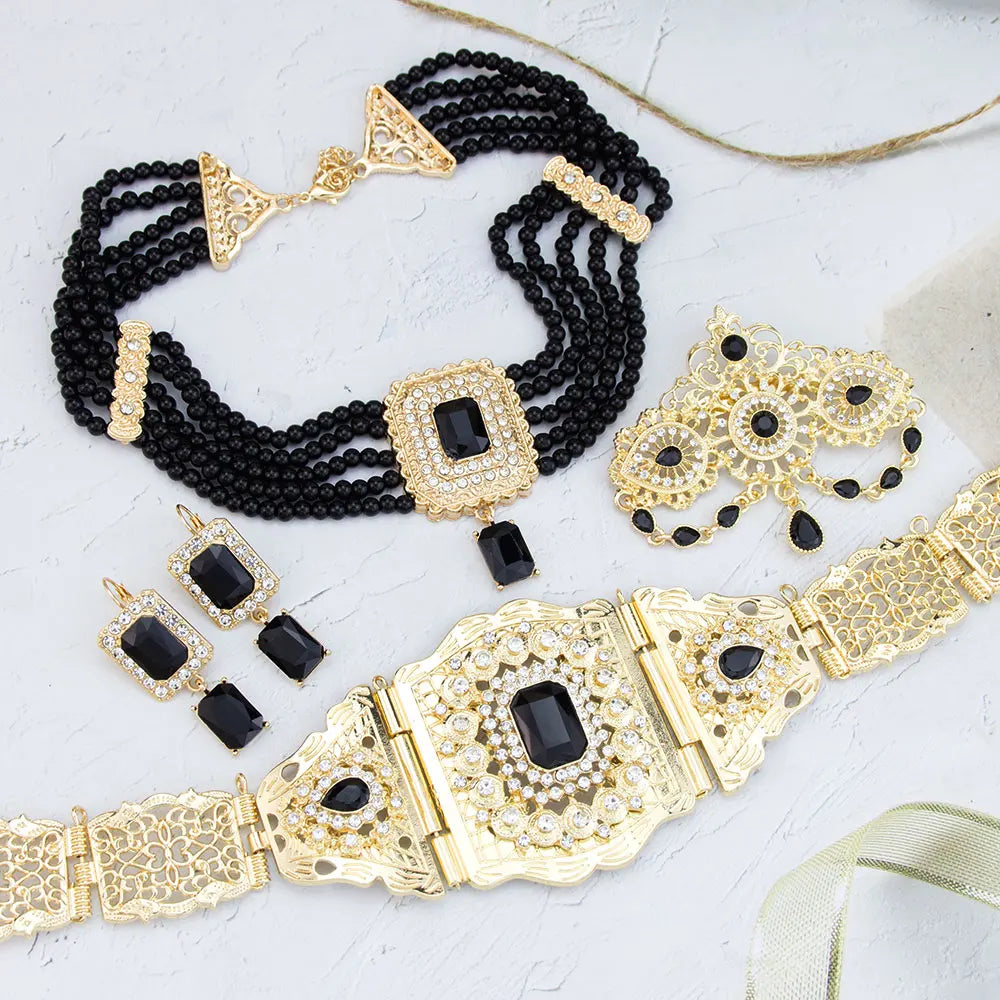 Chic Moroccan Caftan Belt Waist Chain Bead Choker Necklace Crystal Earring Brooch Pin Gold Color