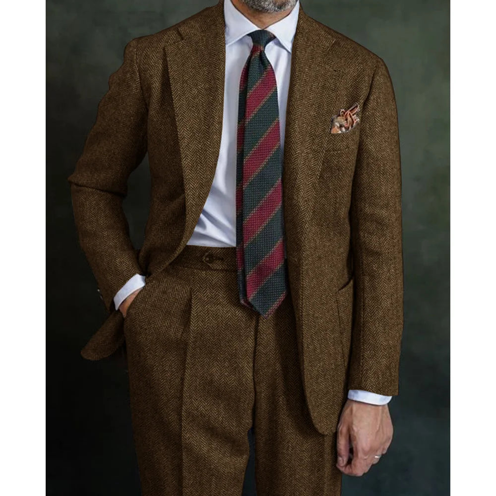 Classic Men’s Three‑Piece Herringbone Suit Set – Blazer, Vest &amp; Pants in Coarse Wool Blend