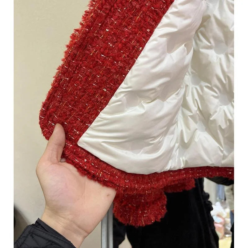 Red Cropped Tweed Coat for Women