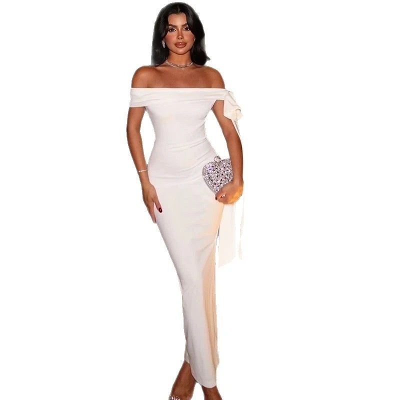 Long Tunics Slim and Elegant Off Shoulder Strapless Lace Up Dress