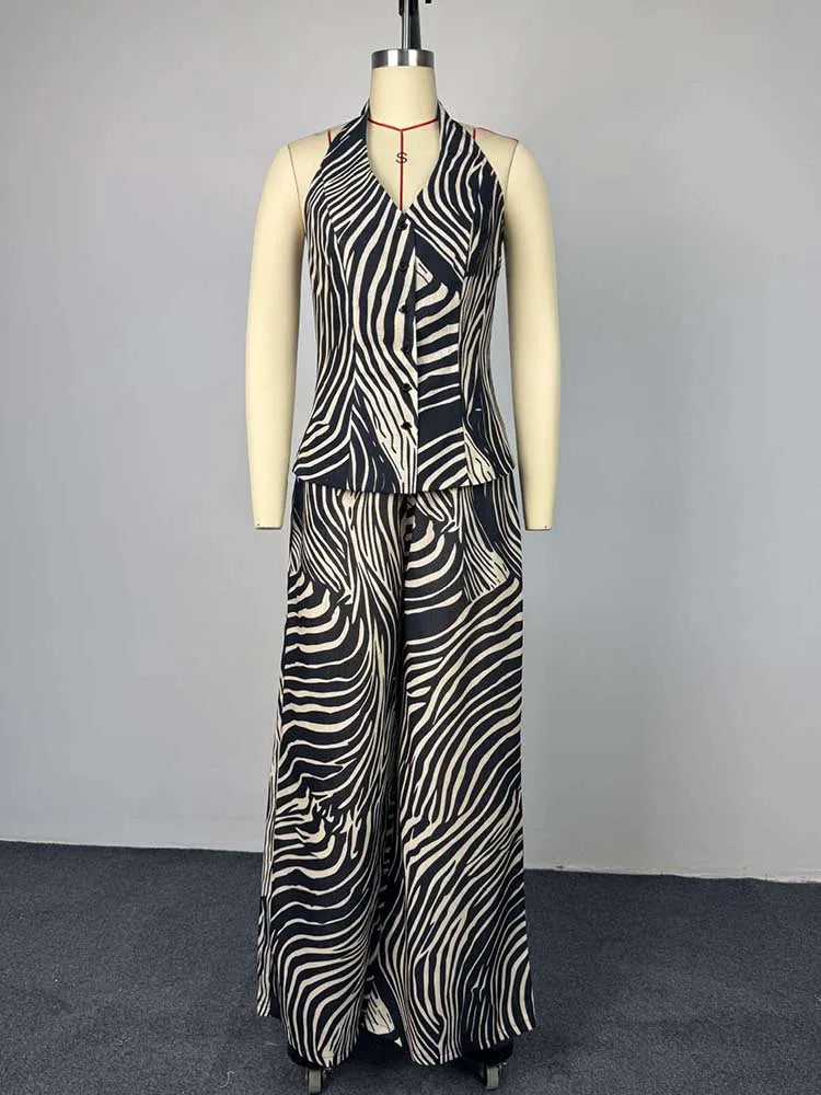 Elegant Matching Vest Outfit with Wide Leg Pants Halter