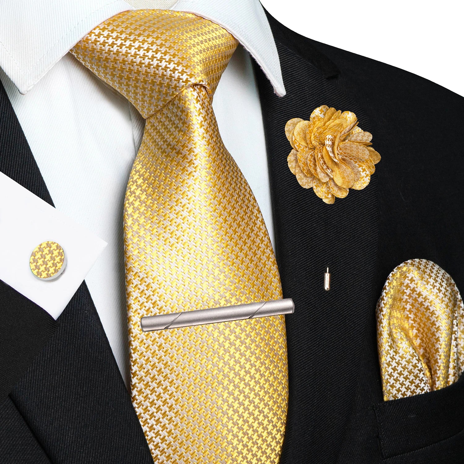 Brown Yellow Plaid Silk Tie Set for Men