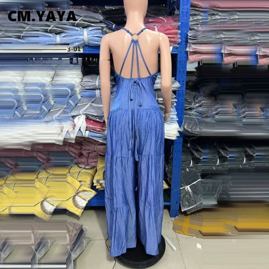 V-neck Strap Sleeveless Wide Leg Jumpsuits