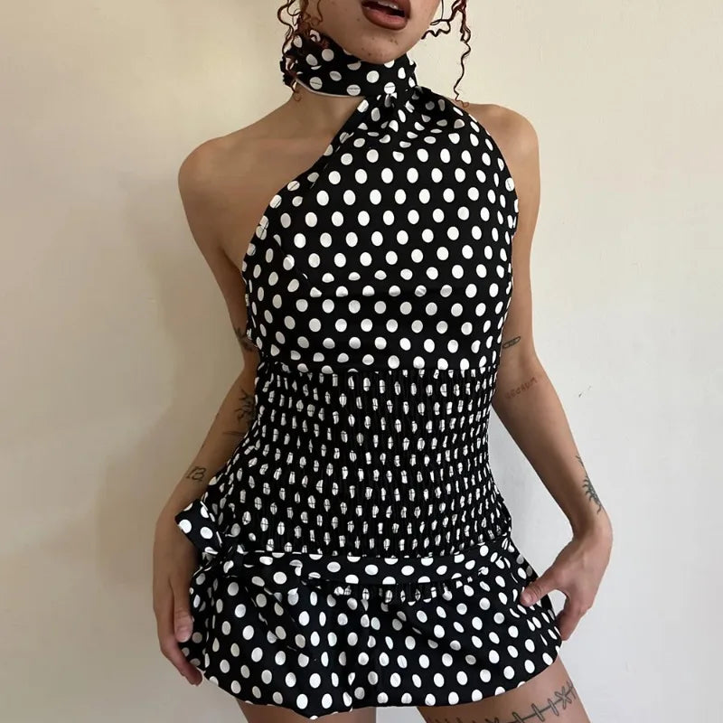 Bowknot Sexy Strapless Polka Dot Tie Top Ruffle Skirt Set