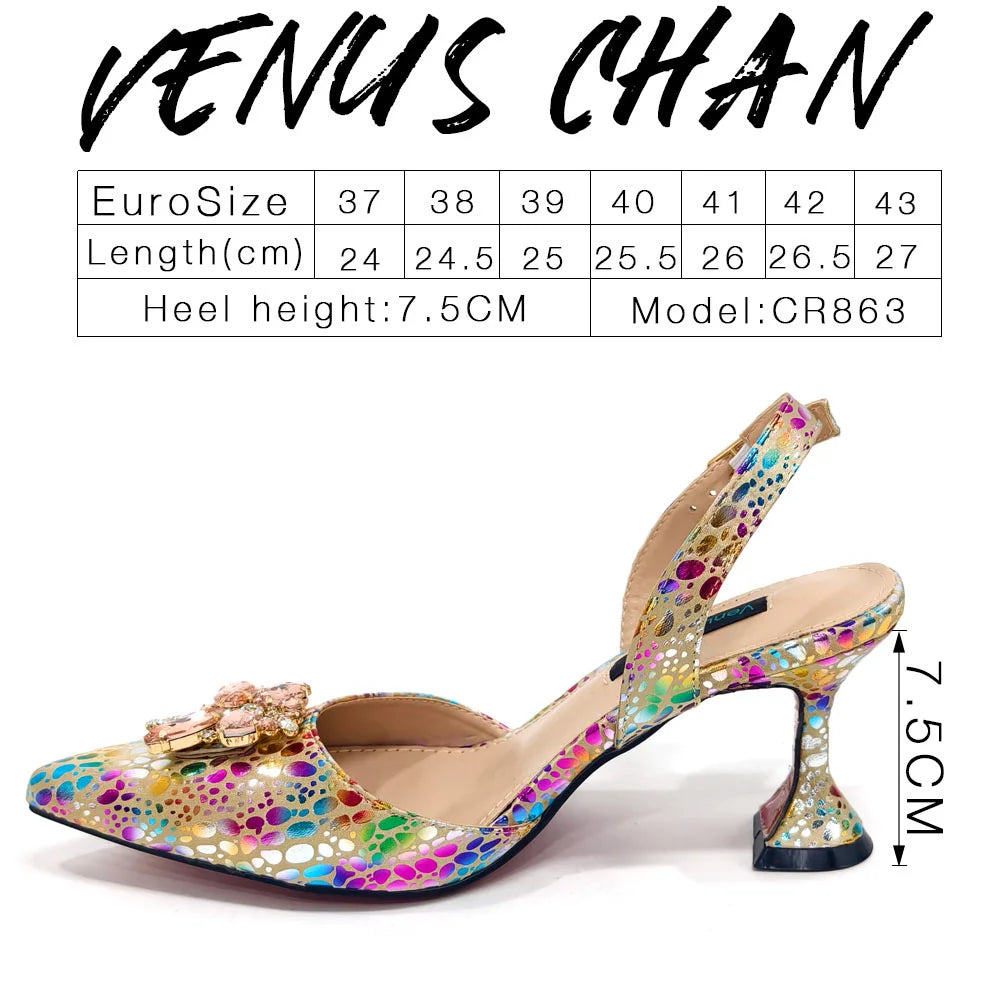 Champagne Color Thin Heels Pointed Toe Crystal Design Ladies Shoes Matching Bag Set