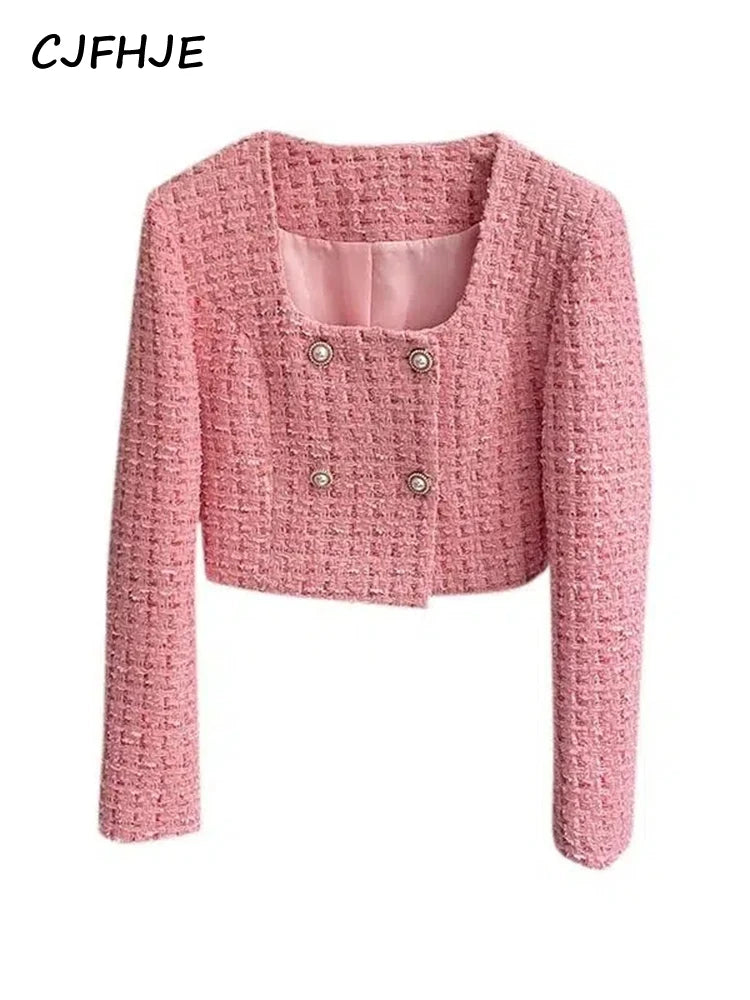 CJFHJE Autumn High Quality Ladies Jacket French Fashion Pink Square Neck Pearl Button Bright Silk Tweed Fragrant Coat Women's