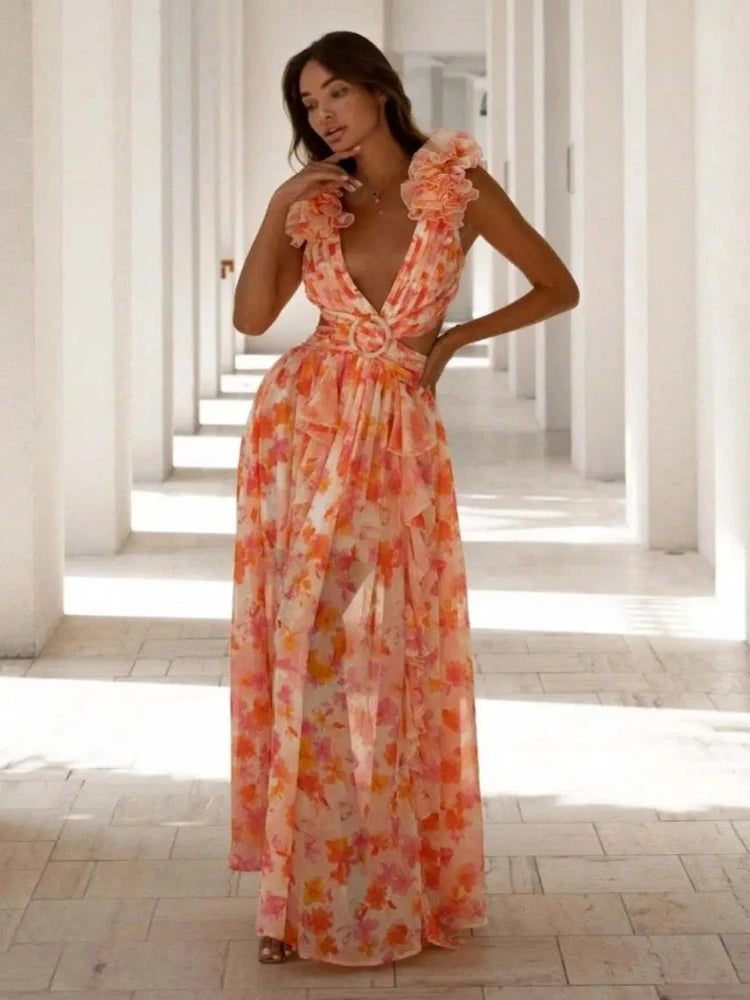 Sexy  Deep V Neck Hollow Out  Sleeveless Ruffle Floral Split Long Dress