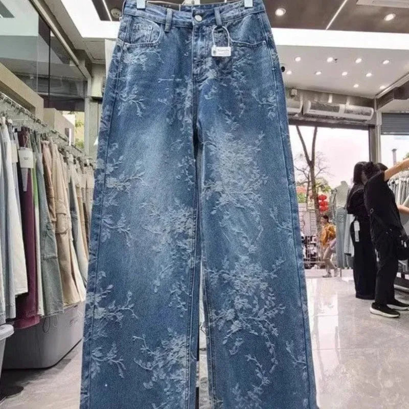 Korean Jacquard Wide-Leg Jeans