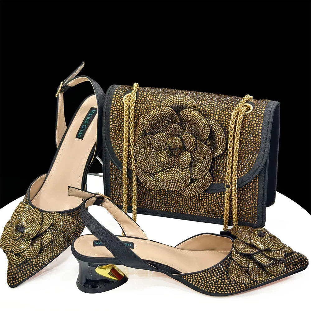 Italian Design Evening Shoes And Bags Paired With Handmade Petal Gold Colour Pointed Toe Mid-Heel Shoes For Women Party Shoes