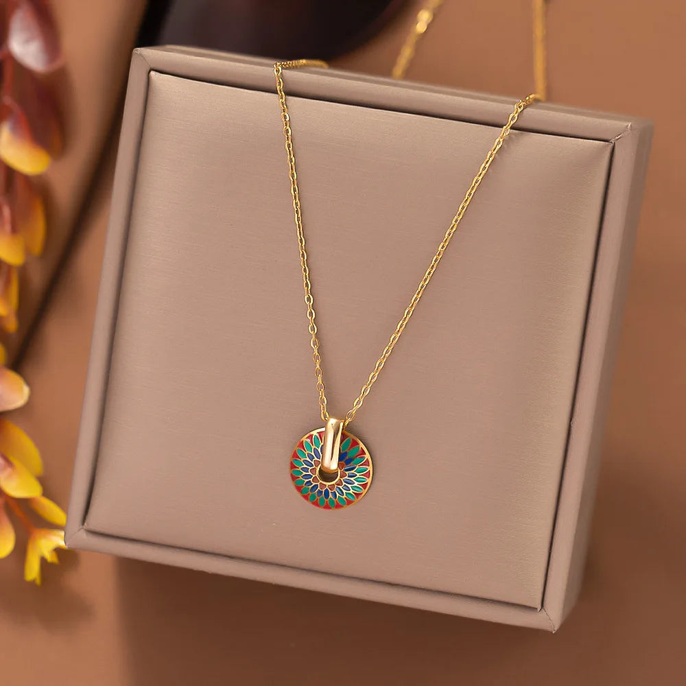 Stainless Steel Vintage Painted Flower Pendant Necklace & Earrings Set