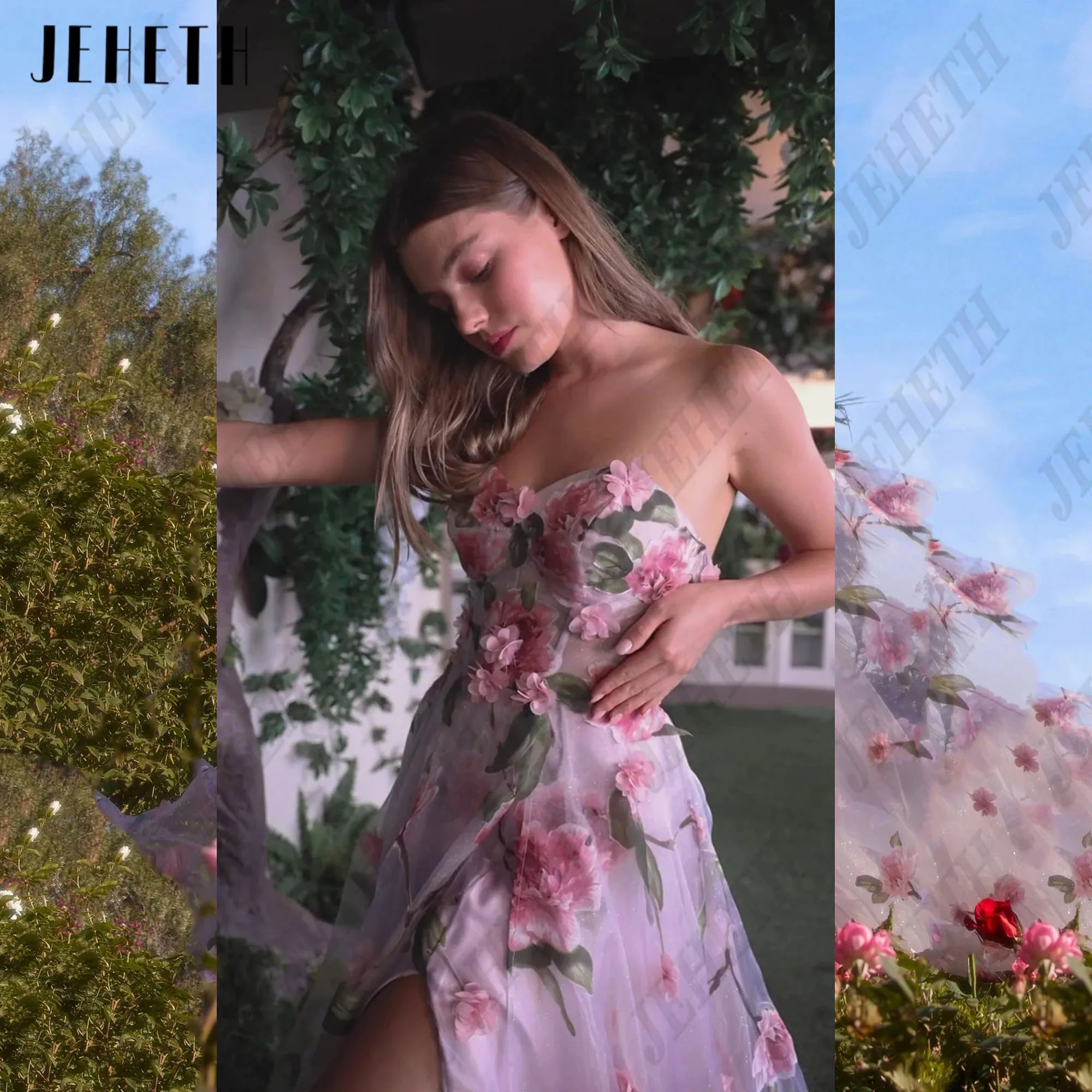 Pink Floral Print Split Strapless A Line Elegant Evening Gowns