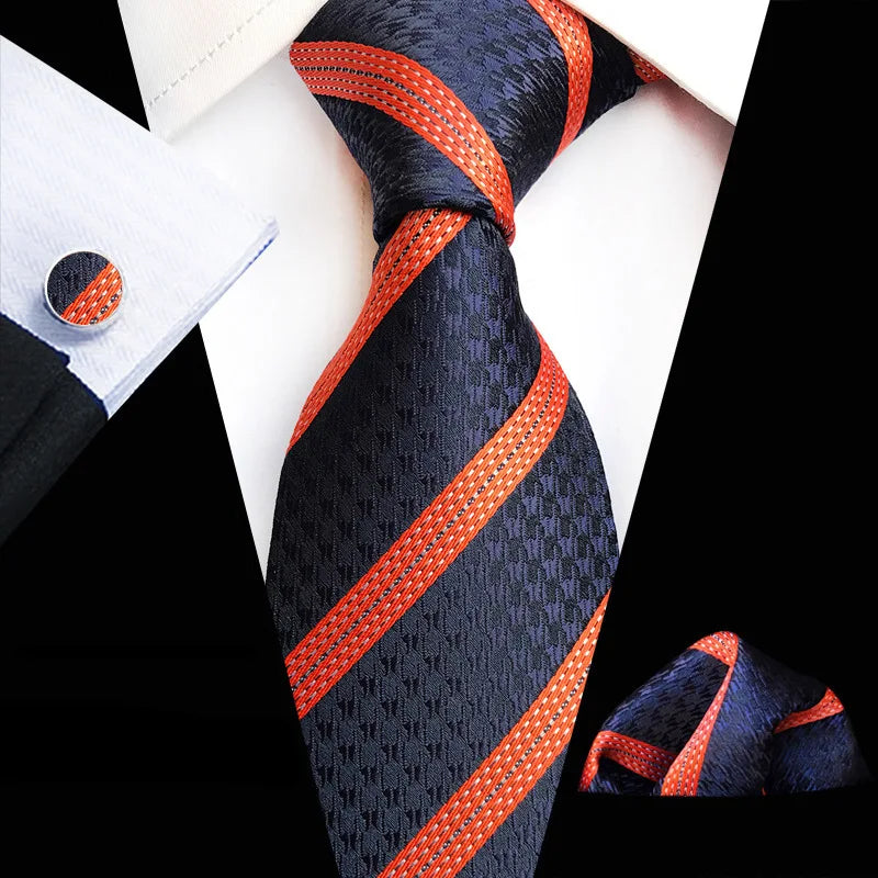 Orange Novelty Ties Plaid Flower Design Wedding Necktie Hanky Cufflinks