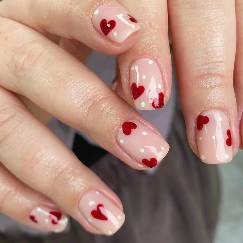 Romantic Valentine's Day Red Love Heart Charm Red Lips Almond Fake Nails
