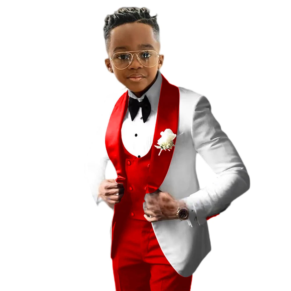 Suit for Boys Wedding Tuxedo – 3 Piece White Jacket, Royal Blue Pants &amp; Vest | Slim Fit Tailored Kids Blazer Set