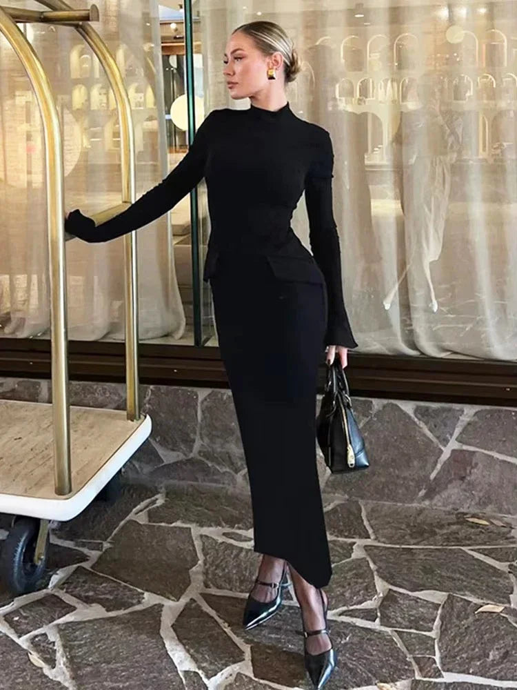 Half Turtleneck Long Sleeves Maxi Dress