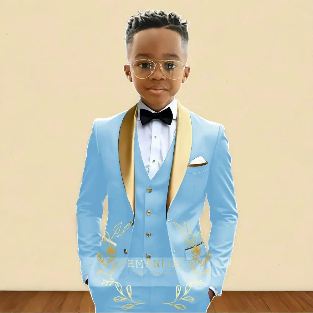 3‑Piece Boys Wedding Suit with Gold Shawl Lapel (2–16 Years)