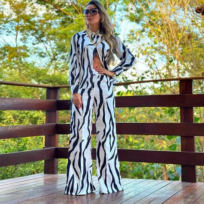 Floral Fashion Printed Shirt Spring Autumn Wide Leg Pants Two-piece Set