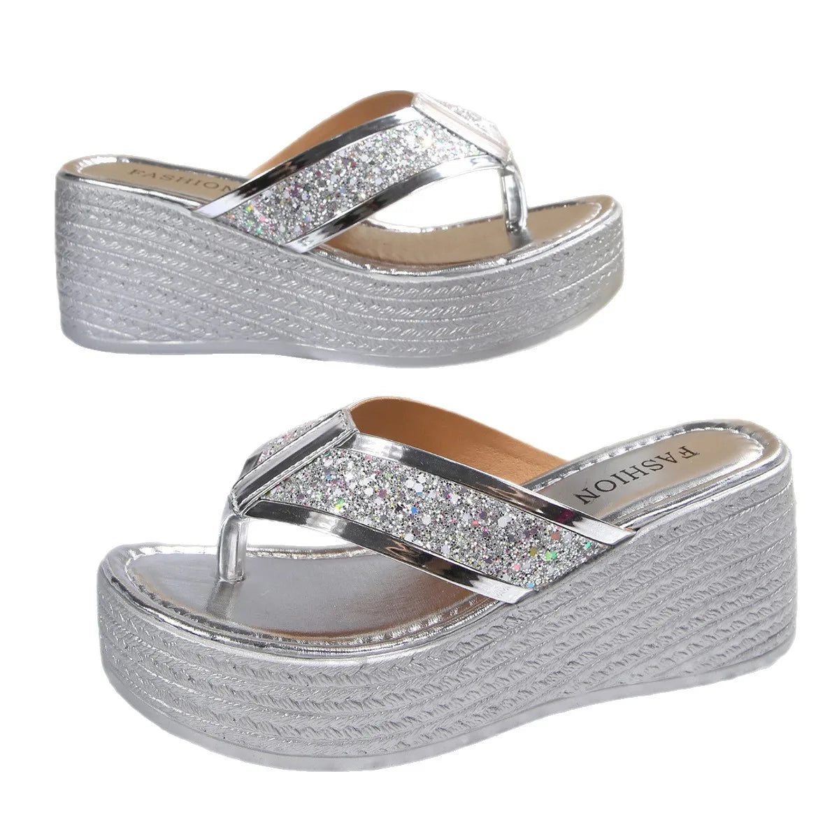 2026 Summer Plus Size Sequin Platform Wedge Sandals