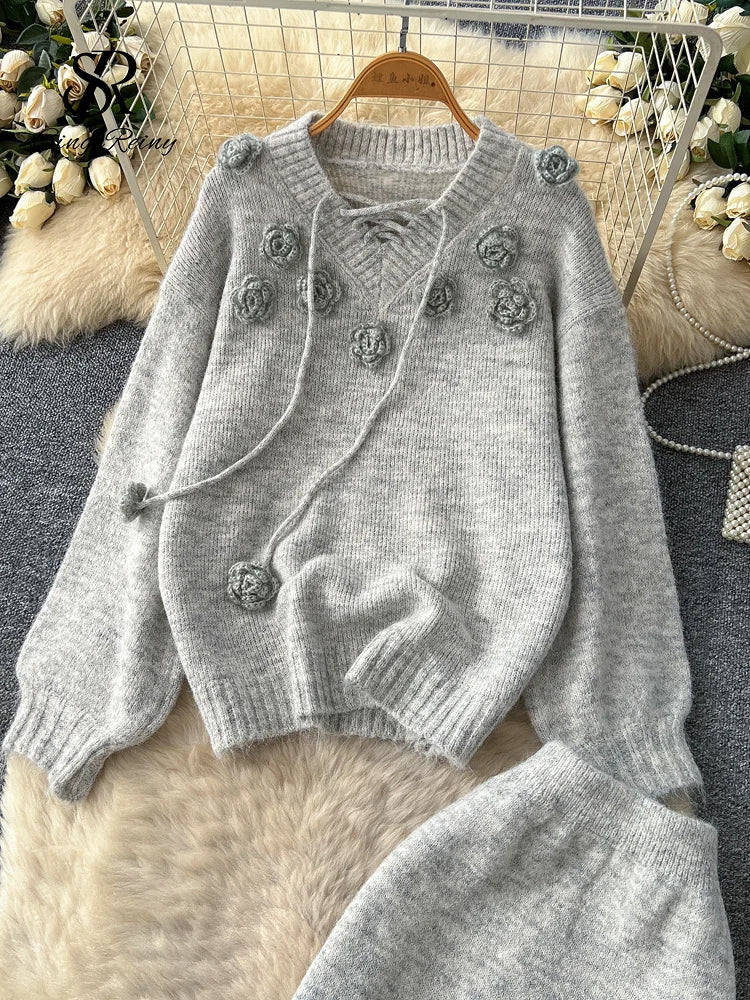 3D Floral Cashmere Loose Thick Sweater+Elastic Solid Long Skirts