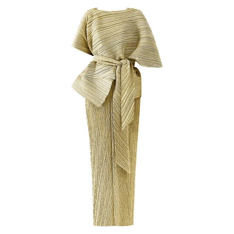 High End Fashion Pleated Irregular Belt Shawl Sleeveless Backless Long Dresses