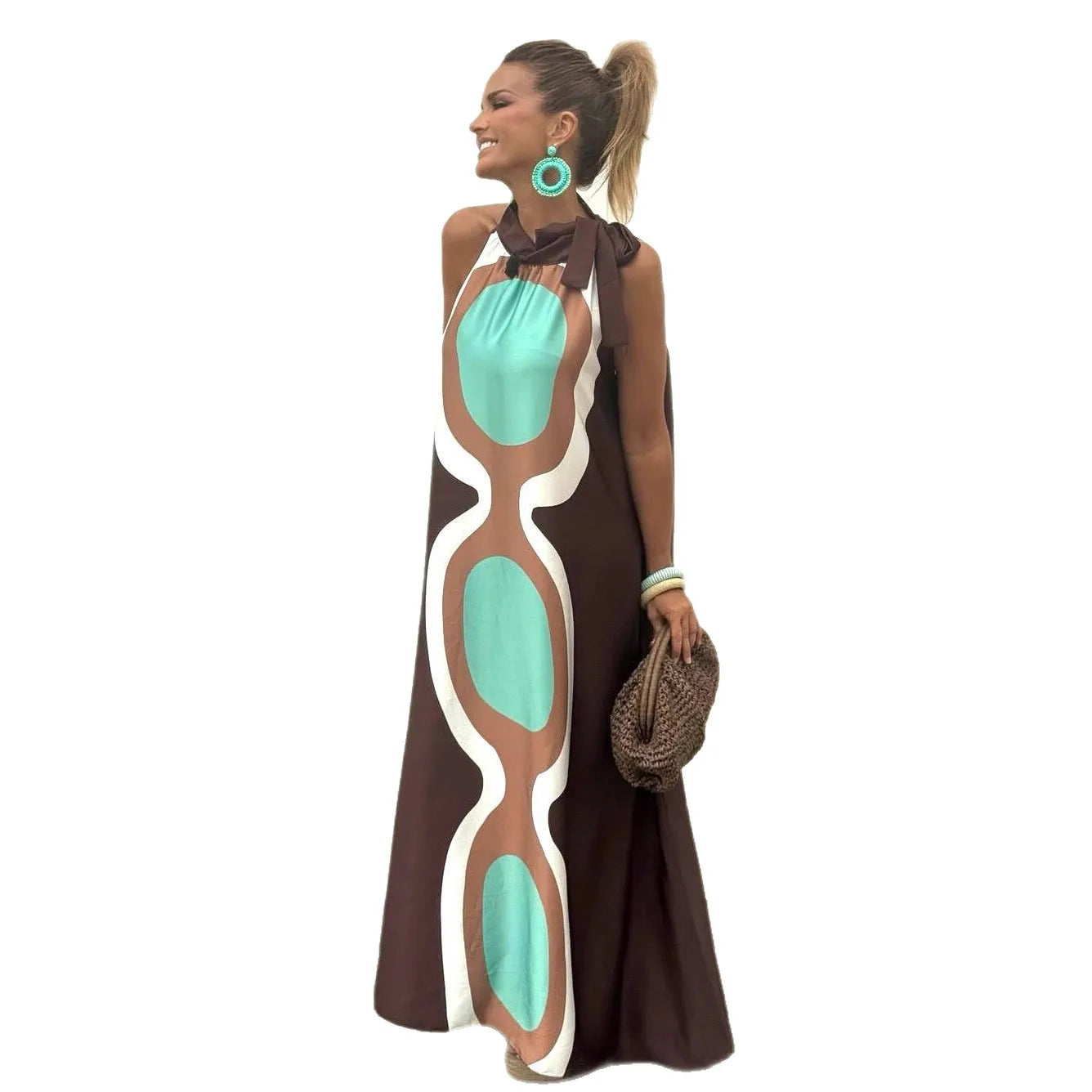 Casual Print Halter Neck Lace‑Up Maxi Dress