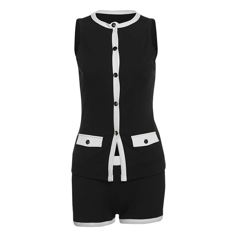 New Clashing Sleeveless Knit Cardigan Top Slim Shorts Set