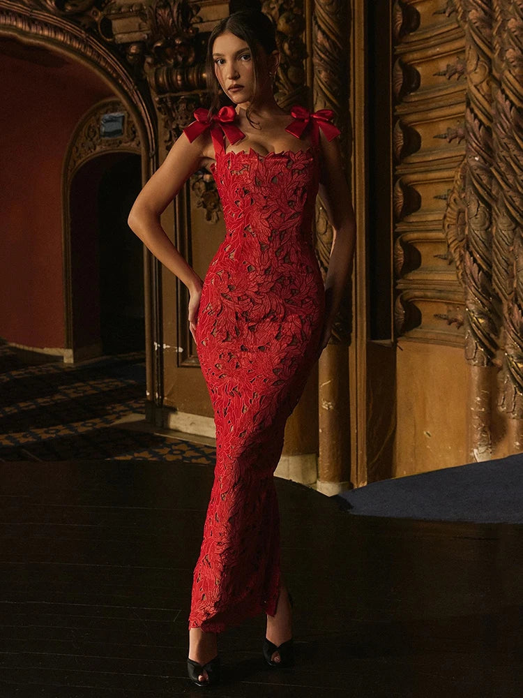 Bows Lace  Sleeveless Backless Bodycon Sexy Maxi Dress